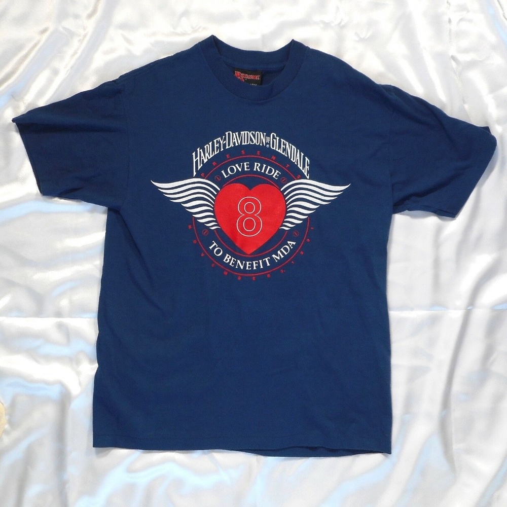 VTG 90s Harley Davidson Mens L Biker Love Ride 8 Tshirt Navy Blue Motorcycle Y2K